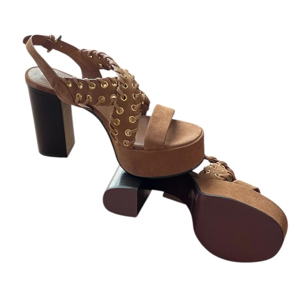 See By Chloé NWOB Tan Suede Platform Sandals 38 Lace-Up Grommet Boho Designer